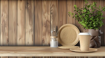 disposable paper cups, plates, and cutlery arranged on a rustic wooden background, showcasing sustainable dining options for gatherings and events.