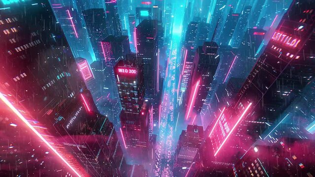 Geometric neon maze city streets alive with light. futuristic neon labyrinth expedition step with flashing neon light. seamless looping overlay 4k virtual video animation background