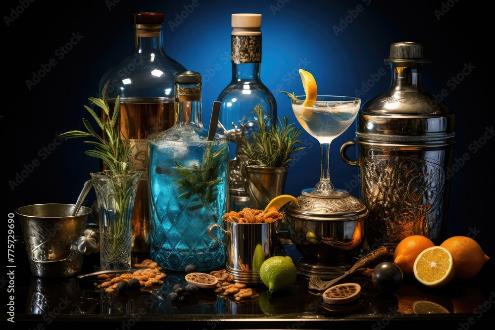 Poster a table adorned with various bottles of alcohol and glasses ready for mixing drinks. generative ai