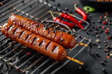 Two grilled sausages on sticks, surrounded by black pepper and red chili peppers, against the background of an electric grill with metal bar