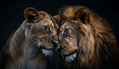 A male lion and female lion in love, black background