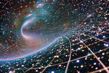 Wormhole tunnel in space showcasing concept of relativity. Curvature of time and space near a black hole