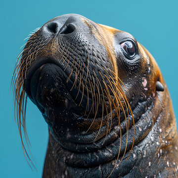 Close-up of a walrus with detailed fur and whiskers against a blue background.