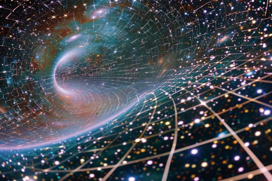 Wormhole tunnel in space showcasing concept of relativity. Curvature of time and space near a black hole