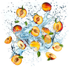 Fresh peaches with splashing water isolated on a white background