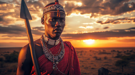 an African warrior with his spear against the backdrop of savanna at sunset. He has a red and white...