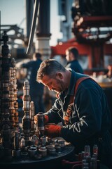 A man is seen working on a machine in a factory, securing drilling equipment for operation. He is focused on the task at hand, ensuring everything is in place for smooth functioning - obrazy, fototapety, plakaty