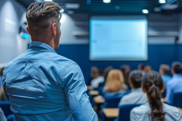 Obraz premium Rear view of an attentive man attending a business conference with other participants in a seminar hall.