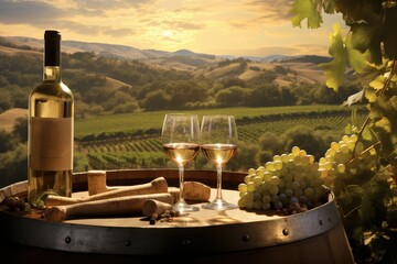 Two glasses of wine placed on top of a wooden barrel at a vineyard. Generative AI