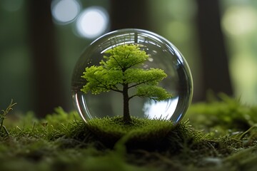 A green tree seen through the lens ball. A lens ball on green moss., Green nature in the water ball Generative AI - obrazy, fototapety, plakaty