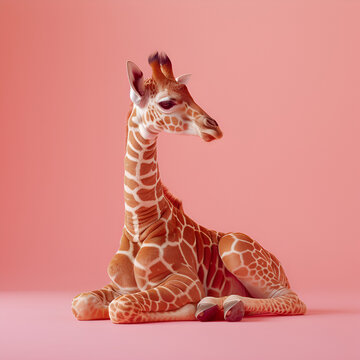 A young giraffe sitting against a pink backdrop in a studio-like setting.