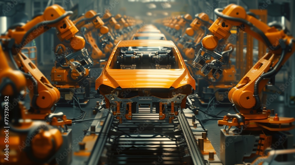 Poster automated robotic arms assembling car in factory.