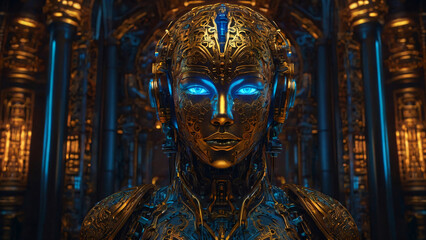 Fototapeta premium AI robot and golden metal. Glowing eyes. AI generativ.