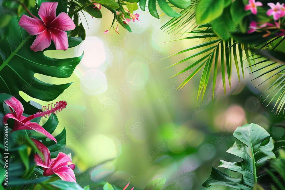 Aufkleber palm tree leaves and flowers framing a tropical scenery. slide background image. created with genera