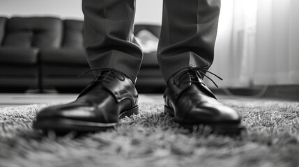 Groom Dressing Up with Elegant Shoes in Monochrome - obrazy, fototapety, plakaty