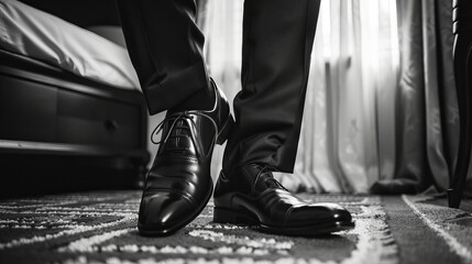 Groom Dressing Up with Elegant Shoes in Monochrome - obrazy, fototapety, plakaty