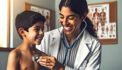 A compassionate Hispanic female doctor attentively listens to the heartbeat of a young boy using a stethoscope during a thorough medical examination in a clinic setting - obrazy, fototapety, plakaty