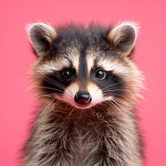 Close-up of a cute raccoon's face with a vibrant pink background, displaying its detailed fur and curious eyes.