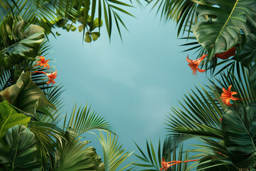 Fototapeta na wymiar Palm tree leaves and flowers framing a tropical Slide background. Created with Generative AI technology.