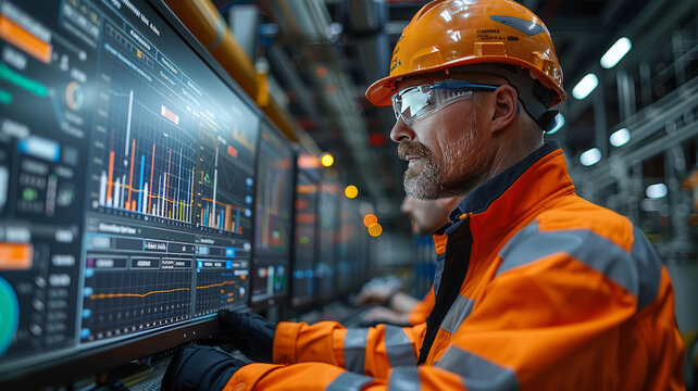 an engineer is looking at the graphs of power curve on the screen in BESS plant.generative ai