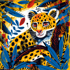 Colorful illustration of a leopard in a vibrant, patterned jungle setting.