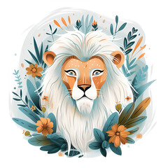 Illustration of a stylized lion surrounded by floral elements in a pastel color scheme.
