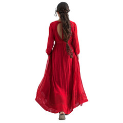 A beautiful young female model in a red dress is walking. Shows her rear view against an isolated white background.
