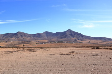 Landscape of fields and mountains near Tefia Windmill, Fuerteventura, Canary Islands, Spain