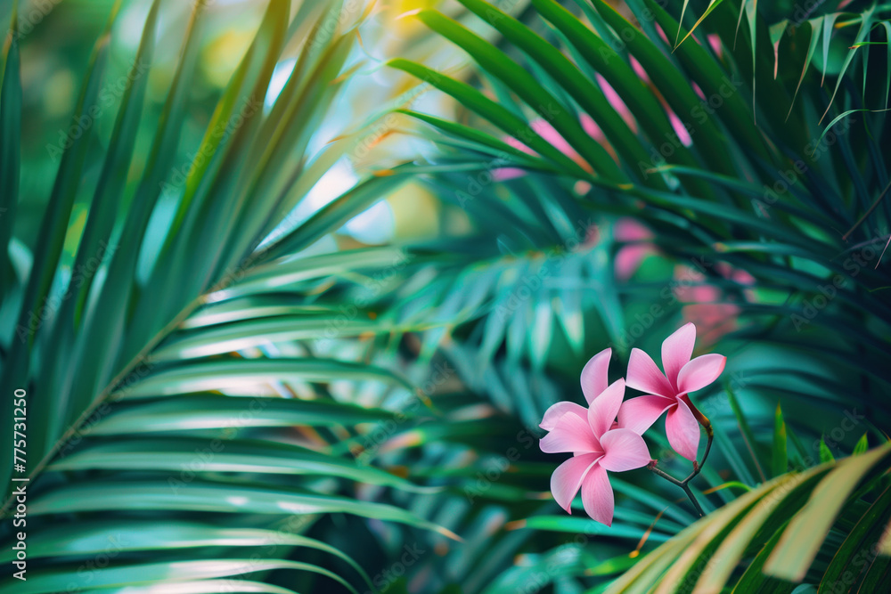 Aufkleber palm tree leaves and flowers framing a tropical scenery. slide background image. created with genera