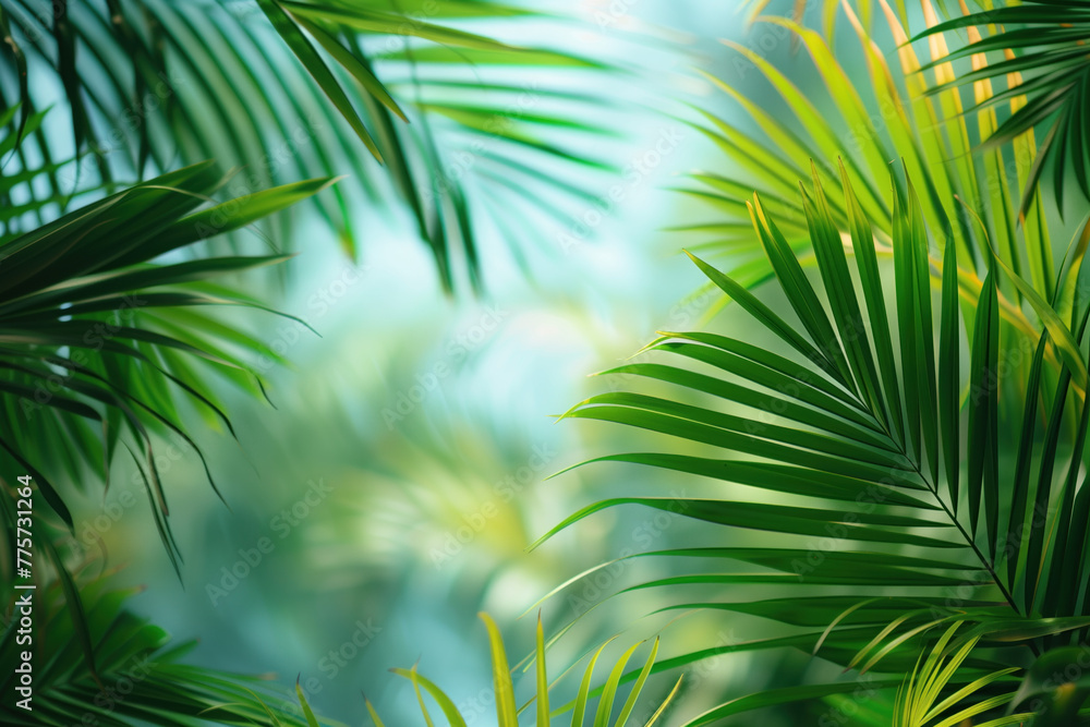 Poster palm tree leaves framing a tropical scenery. slide background image. created with generative ai tech