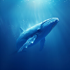 Fototapeta premium A humpback whale swimming gracefully underwater with sun rays filtering through the ocean.