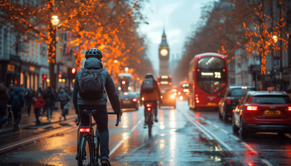 a boy riding his bike in london, fantastical contraptions,generative ai