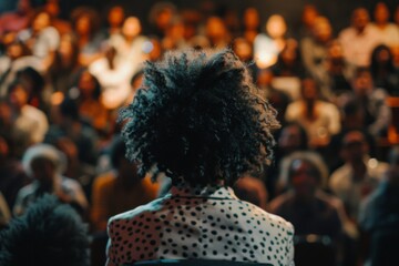 Rear view of a person with natural hair speaking to an attentive, diverse audience in a blurred background.