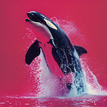 A digital rendering of an orca whale jumping out of water on a vibrant pink background.