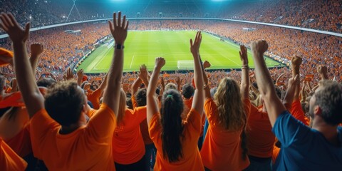 Fans at a World Soccer competition event cheer on their favorite players, raising their arms in...