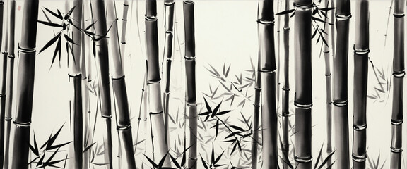 Japanese sumi-e style bamboo painting. Japanese ink painting of a bamboo. Extra wide format bright colors illustration
