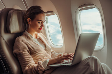 Attractive beautiful young businesswoman passenger of airplane sitting in comfortable seat while working at laptop computer and using wireless connection on board.