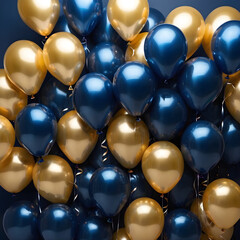 golden blue balloons. festive, birthday background. copy space. the test space. for postcards, banners, posters