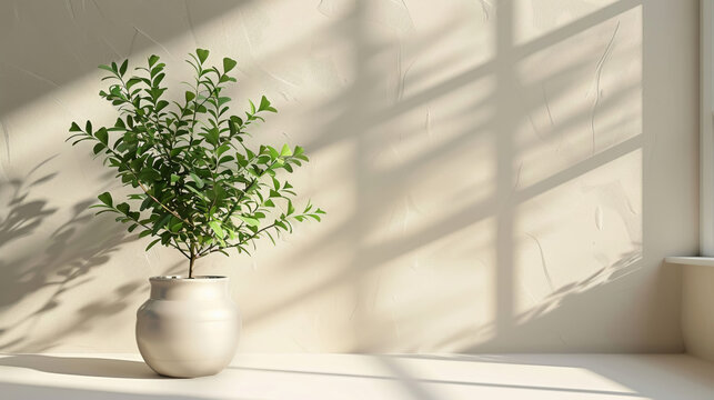 A 3D rendering shows a white table with a green plant, closeup, against a beige wall with soft shadows, natural lighting, and minimalism style
