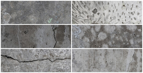Texture set of old cracked concrete walls. Rough gray concrete surfaces. Collection of panoramic backgrounds for design. - 775732648