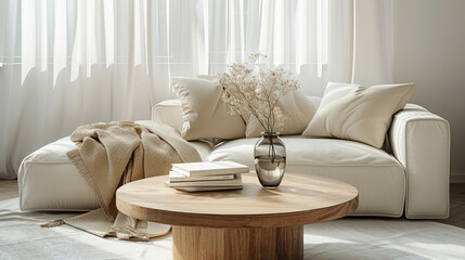 A modern coffee table with books and vase on it, in front of white sofa with blanket and pillows, interior design of living room