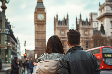 Fototapeta na wymiar A man and a woman are standing in front of a clock tower in a city. The man is wearing a black coat and the woman is wearing a red scarf. The clock tower appears to be the iconic Big Ben in London