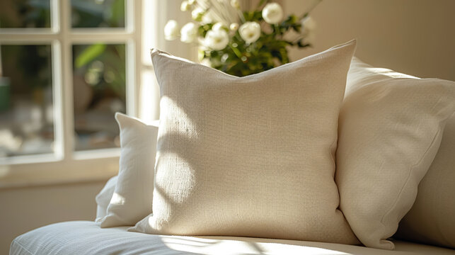 beige pillow sits on a sofa in a living room with soft sunlight and shadows. The living room has a beige interior design concept background. close up view of white linen cushions near a window