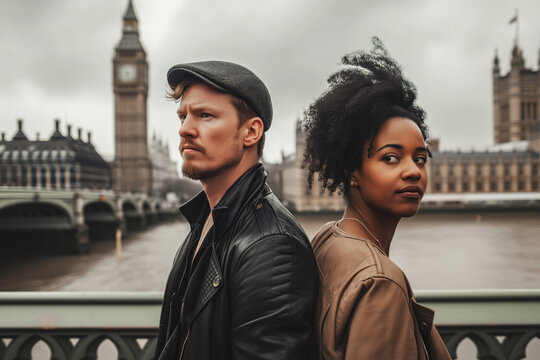 A couple of people standing next to each other near the iconic Big Ben clock tower in London. They are casually dressed and seem to be enjoying their time in the bustling city