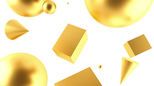 3D render of primitives objects with reflective golden materials on white background, 4K abstract seamless loop animated template, live wallpaper
