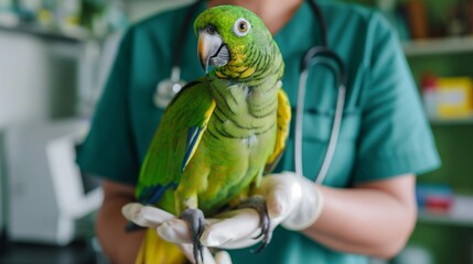 green and yellow parrot in vet