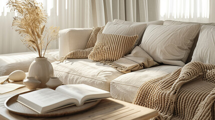 Close-up of a coffee table with a book and vase in a living room, showcasing a beige sofa with a blanket. 3D rendering, high-resolution photography