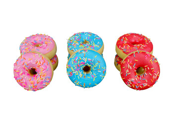 Colorful donuts, sky blue, red and pink. Transparent background. Png file