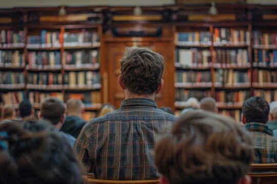 A man in a plaid jacket sits amongst an audience, attentively listening to a speaker in a library conference.
