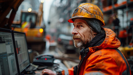 a man monitoring noise pollution on a computer, daylight, construction site in the background,generative ai